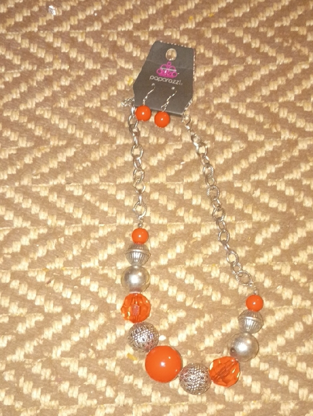 paparazzi Orange and Silver Beaded Necklace with Matching Earrings